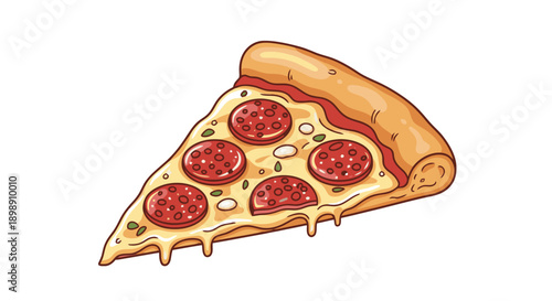Vibrant cartoon illustration of a single slice of pepperoni pizza with melted cheese and green herbs on a white background, showcasing a delicious meal.