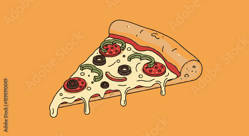 A vibrant cartoon illustration of a single slice of pizza with melting cheese, pepperoni, olives, and green peppers on an orange background.