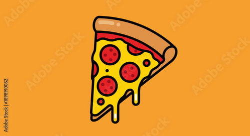 A vibrant cartoon illustration of a single slice of pepperoni pizza with melting cheese on a solid orange background.