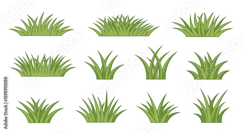 Collection of twelve cartoon-style green grass clumps, isolated on a white background, showing various shapes and densities of natural lawn elements.