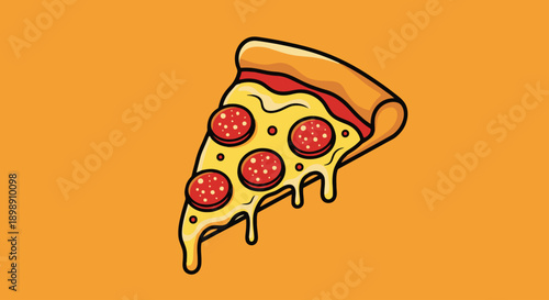A vibrant cartoon illustration of a single slice of pepperoni pizza with melted cheese dripping, set against a plain orange background.
