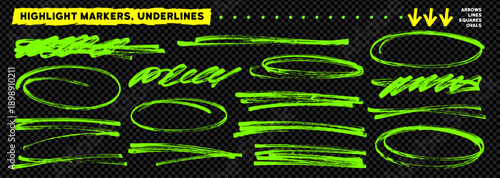 Marker drawn bold highlight lines and oval set. Bright green highlight markers, swirl lines and strike through. Vector hand drawn doodle bold brush strokes, underlines and ovals for text. Scribble emp