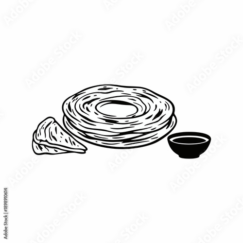 Roti Canai with Curry Dipping Sauce Hand Drawn Illustration in Woodcut Style