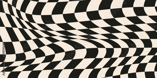 Psychedelic wavy background with black and white distorted checker pattern in groovy abstract style. Psychedelic checker horizontal background with optical curved motion. Eps10