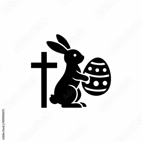 Easter Concept Silhouette with Bunny, Decorated Egg, and Christian Cross Icon