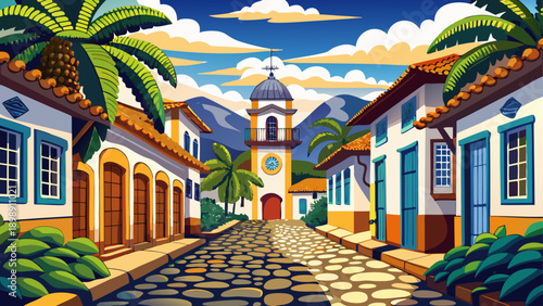 Very beautiful street view of Paraty historical center, featuring preserved colonial architecture, cobblestone road, white facades, and timeless atmosphere of Brazilian imperial heritage.
