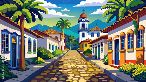 Very beautiful street view of Paraty historical center, featuring preserved colonial architecture, cobblestone road, white facades, and timeless atmosphere of Brazilian imperial heritage.