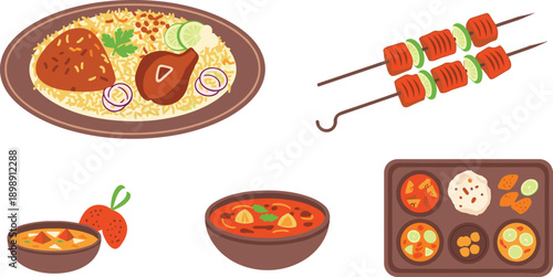 Delicious assortment of international dishes with rice and meat