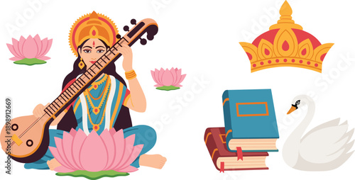 Saraswati goddess illustration with veena and lotus