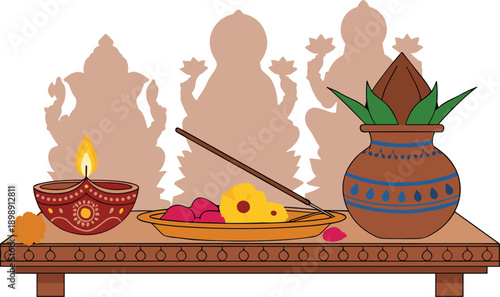 Traditional Indian Diwali celebration setup with diya lamp, flowers, and decorative pot