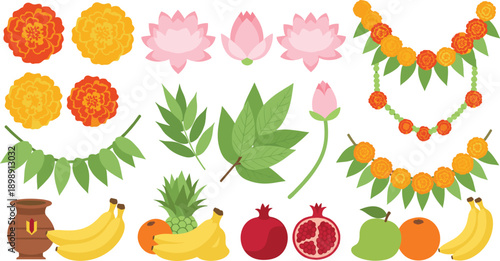 Vibrant Pooja decoration elements with marigold flowers and fruits