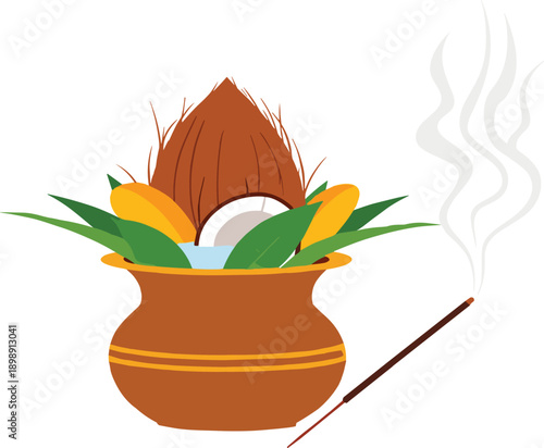 Vibrant puja pot with coconut and leaves for Indian festival