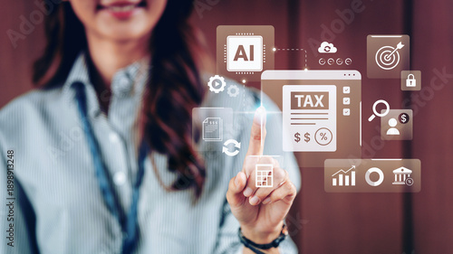 Bild auf Leinwand Woman hand pointing with digital tax document interface on tablet