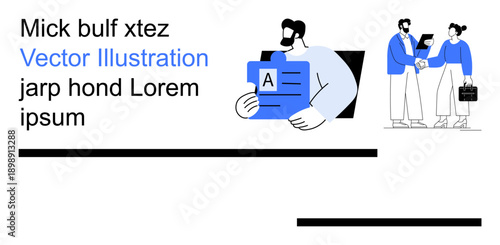 Business agreements, teamwork, documentation, professional communication, digital collaboration, office culture. Two professionals shaking hands and a figure holding a document. Teamwork