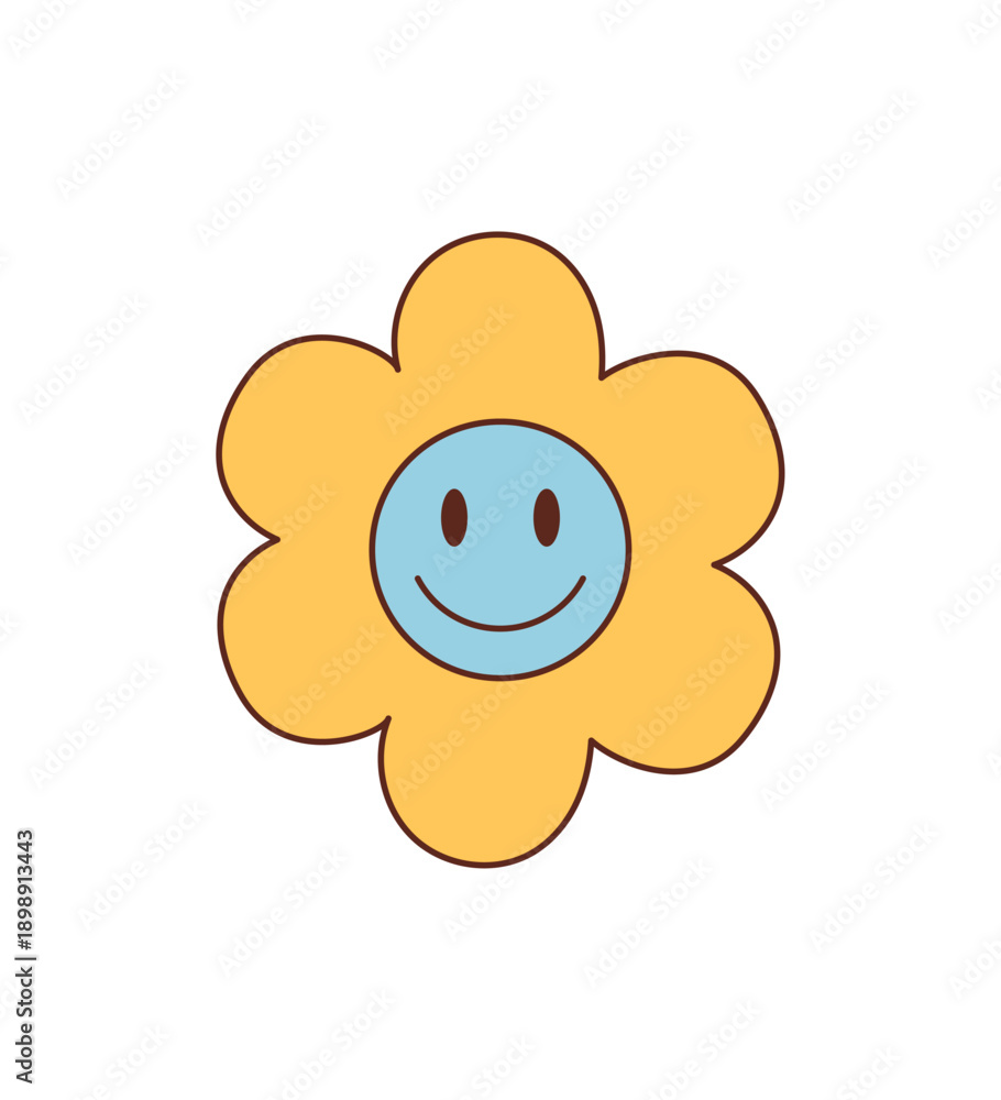 Obraz premium Groovy y2k flower sticker in a yellow and blue cartoon graphic style. Happy smile as a cute and funky groovy element gives retro accent. Retro sticker design fits pop art or trendy decor use.