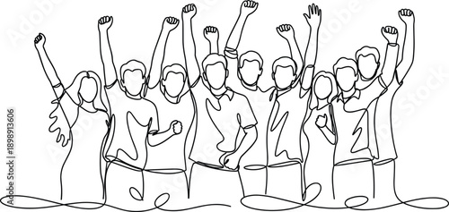 Continuous line drawing of diverse happy people group raising hands up together, celebrating success, victory, unity, teamwork, and achievement, minimalist illustration.