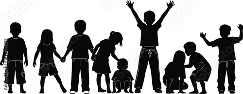 Large set of happy children silhouettes jumping and playing, diverse kids group celebrating, childhood joy, success, victory, and active lifestyle, vector.