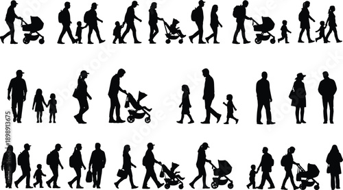Large set of silhouettes showing people walking with strollers, parents with children, families walking together, pedestrians in city, vector.