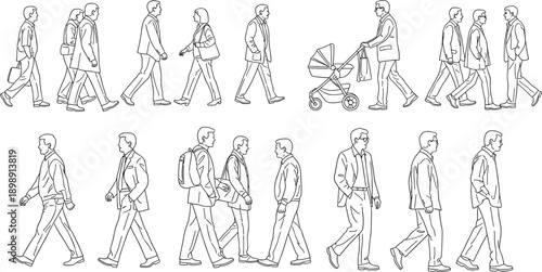 Set of people walking line art illustration, business men and women silhouettes, person with baby stroller, pedestrians, urban crowd, vector.