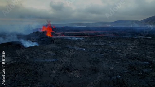 Aerial view of active volcano fissure eruption at duk