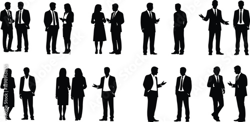 Set of professional business people silhouettes talking, corporate team discussion, office colleagues communicating, formal suit characters meeting, networking group, vector.