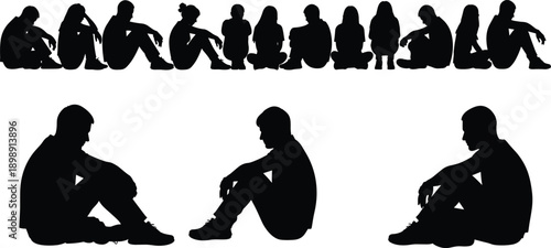 Set of silhouettes showing people sitting on ground, lonely person, group of friends, sadness and depression, waiting, resting, diverse postures, black.