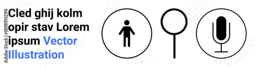 Technology, communication, user interface, audio recording, research, connection. Minimalist black icons of a human figure, magnifying glass and microphone. Technology and communication concepts