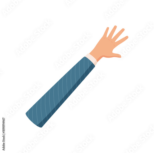 Cartoon hand gesture with open palm showing number five. Flat style arm with blue sleeve and bare skin. Signal for counting or math education, visually appealing in a clean design, suitable for