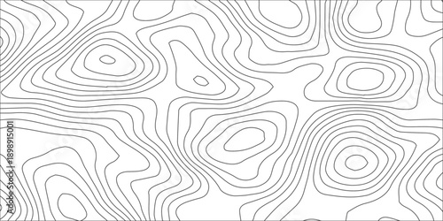 Abstract black and white topographic contour pattern featuring flowing terrain curves and wavy lines that resemble wood grain or fingerprint textures in a clean modern map style design. 