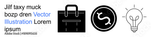 Business planning, financial growth, entrepreneurship, innovation, creative solutions, professional services. A briefcase, dollar sign and light bulb icon. Business planning and financial growth