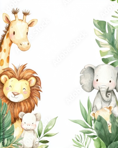 Cute Jungle Animals with Leaves for Kids' Decoration