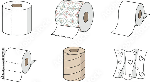 Toilet Paper Roll Collection with Patterned, Plain and Heart Print Tissue Cartoon Illustration Isolated on White