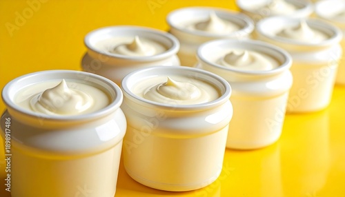 Row of small ceramic jars filled with fresh white yogurt or cream on a bright yellow background