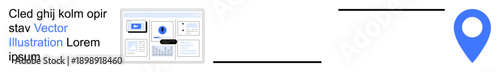 Navigation, wayfinding, online location services, digital maps, geographic tools, travel assistance. Blue map pointer beside a web layout and placeholder text. Navigation and location concept