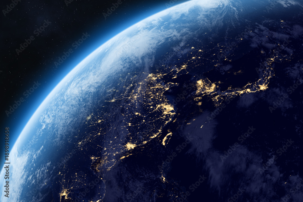 Fototapeta premium Earth from the space. East Asia. Planet Earth at night with continents and city light on the starry sky. Japan, China, North Korea, South Korea, Taiwan, Philippines, Vietnam and other countries. 