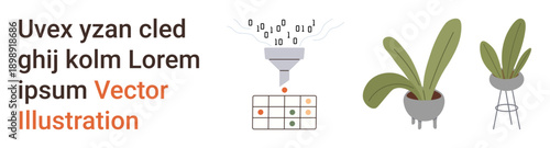 Data analysis, machine learning, sustainability, tech innovation, automation, nature. A funnel processes binary code into a grid alongside green plants. Data analysis and sustainability concept