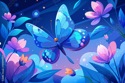 Blue aesthetic wallpaper featuring glowing blue butterfly fluttering above dreamy blurred flowers soft bokeh background magical serene fantasy mood digital art.