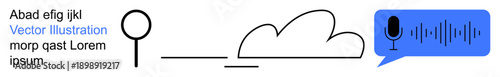 Communication, cloud technology, audio processing, voice recognition, data storage, abstract design. Minimalistic symbols including a microphone and audio waveform in a speech bubble. Communication