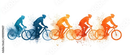 1) A horizontal parade of urban cyclists in motion