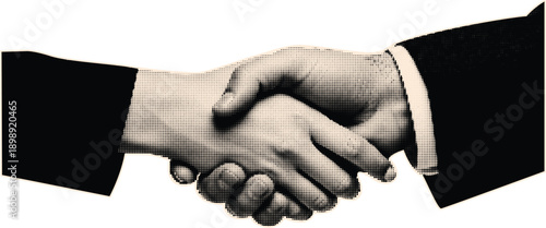 Business handshake agreement between two men in suits depicted using halftone dot pattern representing trust cooperation and successful partnership deal
