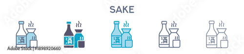 Sake Bottle And Cup Icon - Japanese Rice Wine Line Vector Illustration 