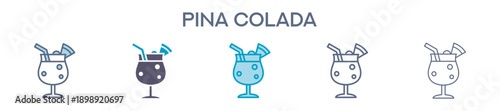 Pina Colada Cocktail Icon - Tropical Coconut Drink Line Vector Illustration 