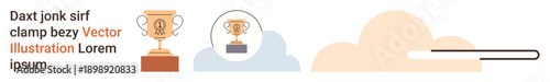 Success, achievement, awards, competition, recognition, personal growth. Golden trophy with progress bar and clouds. Success and achievement personal growth