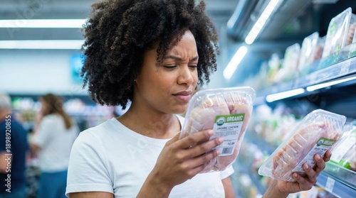 thoughtful shopper comparing organic chicken packaging under bright supermarket lights