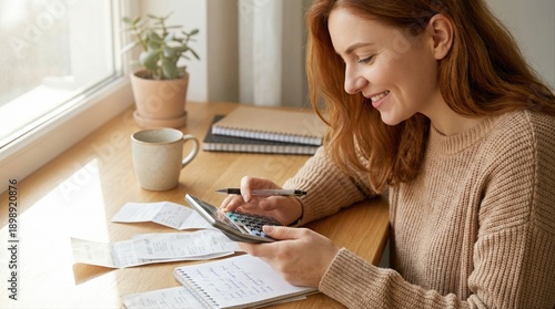 young woman joyfully working on budgeting and financial planning at cozy home office
