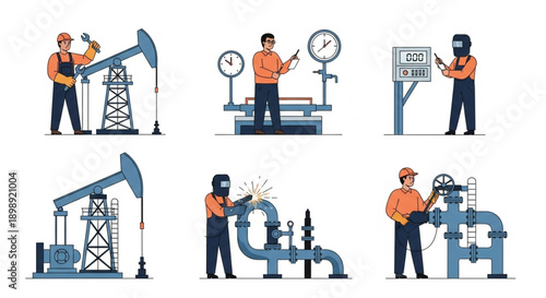 Oil workers performing maintenance and monitoring industrial systems