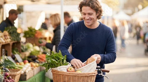 young caucasian man shopping for fresh produce at outdoor farmer's market on a sunny day