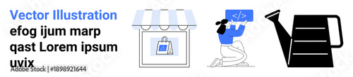 E-commerce, coding, technology, gardening, online business, retail concepts. A storefront bag display, person coding with a laptop black watering can silhouette. E-commerce and coding