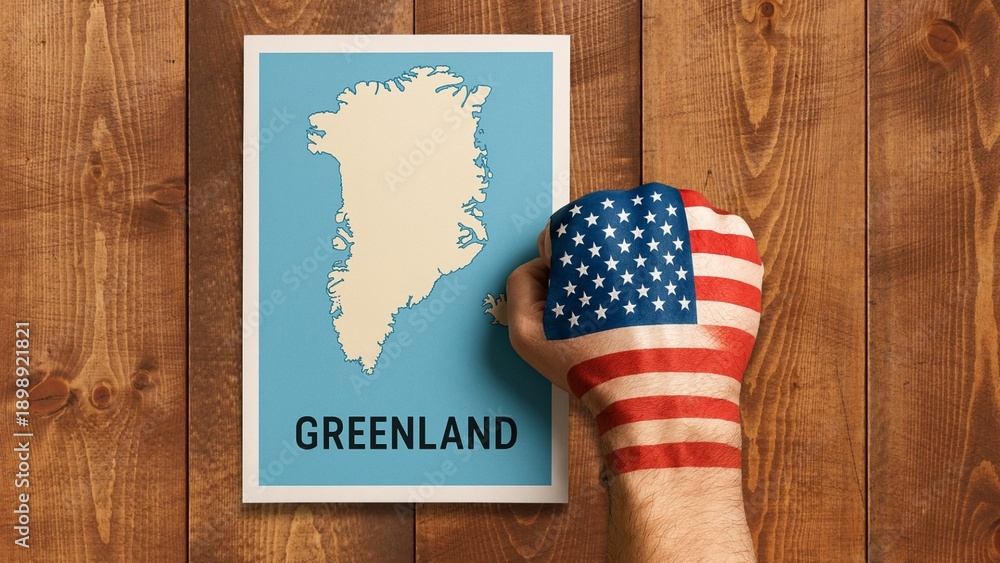 Obraz premium United states fist claiming greenland map geopolitics concept