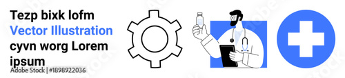 Doctor holding medical bottle, healthcare cross in blue circle, and gear icon. Ideal for healthcare services, medicine, technology integration, innovation, system optimization, diagnostics simple